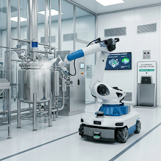 Smart industrial automation machinery operating on a production line